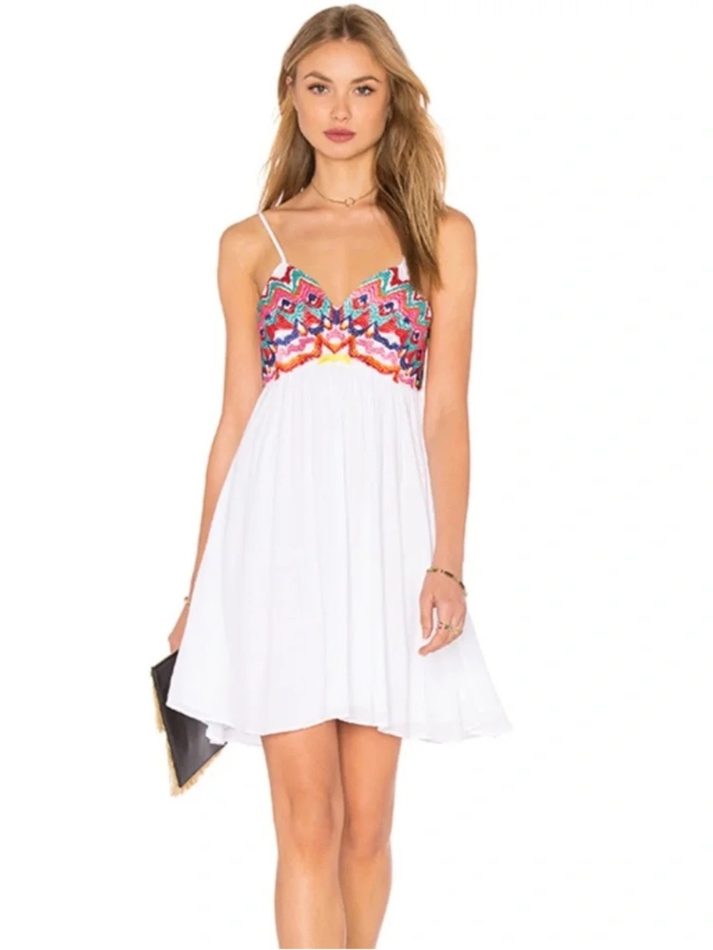 PilyQ Michelle Belize White/Rainbow Embroidered Beach Mini Dress M/L -Like New 🌈